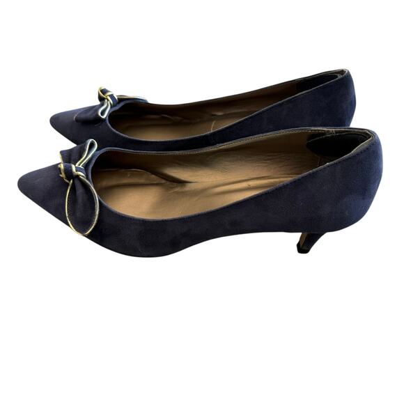 Talbots blue suede Edison gold bow kitten heel 9.5W pointed toe slip on classic - Picture 10 of 10
